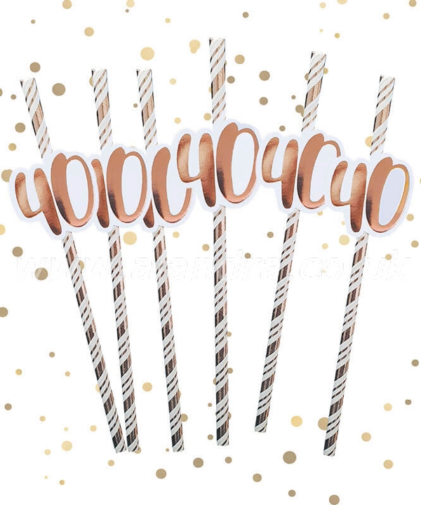 40th Birthday Rose Gold Straws Pack of 6